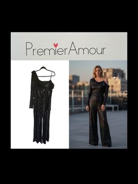 NWT $110 Premier Amour Black Sequin Off Shoulder Formal Jumpsuit Women's Size 14